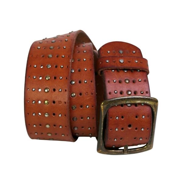 PERFORATED BROWN REAL LEATHER 1 5/8"Wd STUDS CASUAL DRESS WOMEN'S BELT Sz S (F34 - Picture 2 of 12